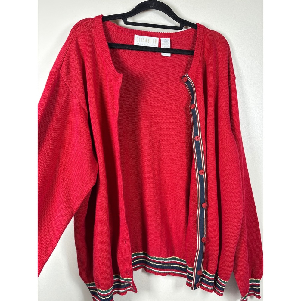 Elisabeth Liz Claiborne Red Cotton Button Front Cardigan Striped Trim Size 1 NWT